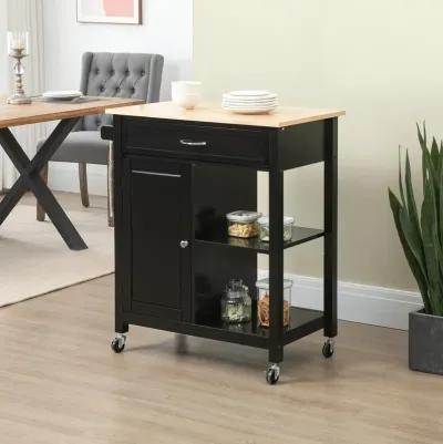 Black Kitchen Cart: Utility Trolley with Wood Top & Drawer