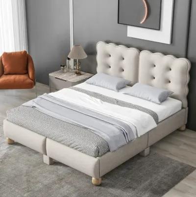 Full Size Upholstered Platform Bed with Support Legs, Beige