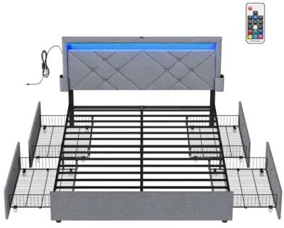 LED Bed Frame with Headboard – Features 4 Drawers, USB Port & Type-C Port