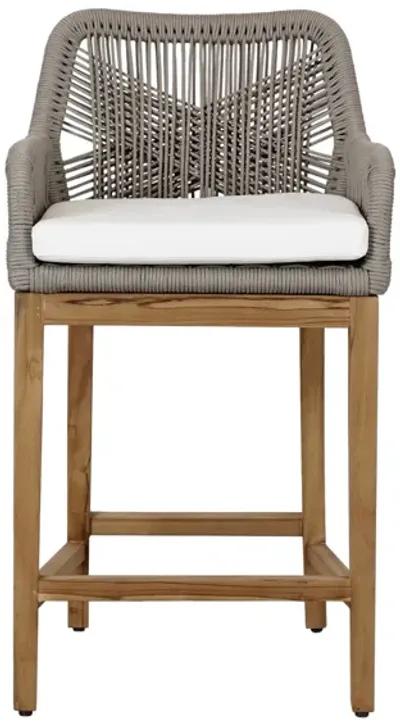 Navi 27 Inch Outdoor Counter Stool Chair, Woven Rope, Gray, Brown Teak - Benzara