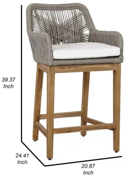 Navi 27 Inch Outdoor Counter Stool Chair, Woven Rope, Gray, Brown Teak - Benzara