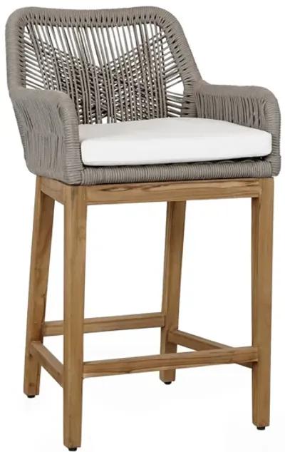 Navi 27 Inch Outdoor Counter Stool Chair, Woven Rope, Gray, Brown Teak - Benzara