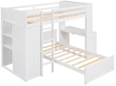 Twin Size Loft Bed With A Stand-Alone Bed, Shelves, Desk, And Wardrobe