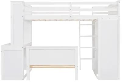 Twin Size Loft Bed With A Stand-Alone Bed, Shelves, Desk, And Wardrobe