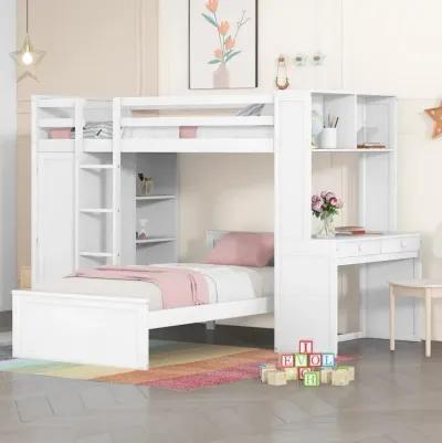 Twin Size Loft Bed With A Stand-Alone Bed, Shelves, Desk, And Wardrobe