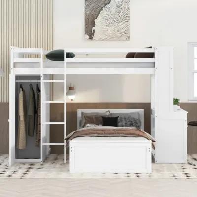 Twin Size Loft Bed With A Stand-Alone Bed, Shelves, Desk, And Wardrobe