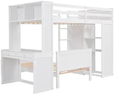 Twin Size Loft Bed With A Stand-Alone Bed, Shelves, Desk, And Wardrobe