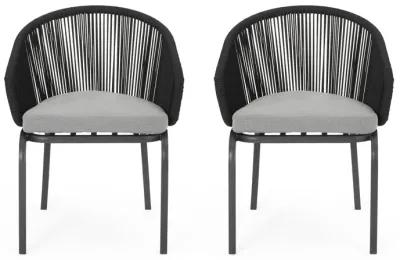 Candy Outdoor Dining Chair Set of 2, Gray Fabric, Black Metal, Woven Rope