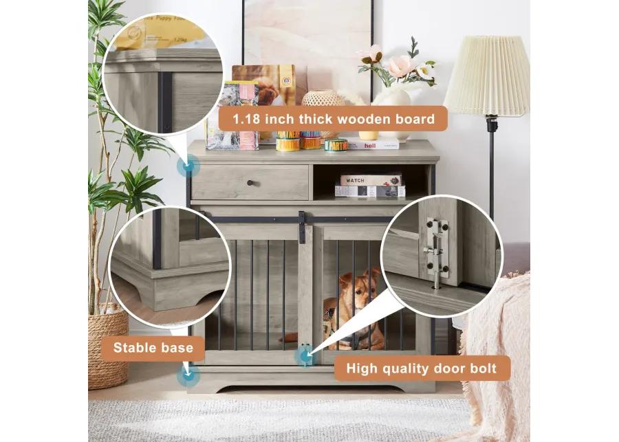 Sliding door dog crate with drawers. Grey,35.43" W x 23.62" D x 33.46" H