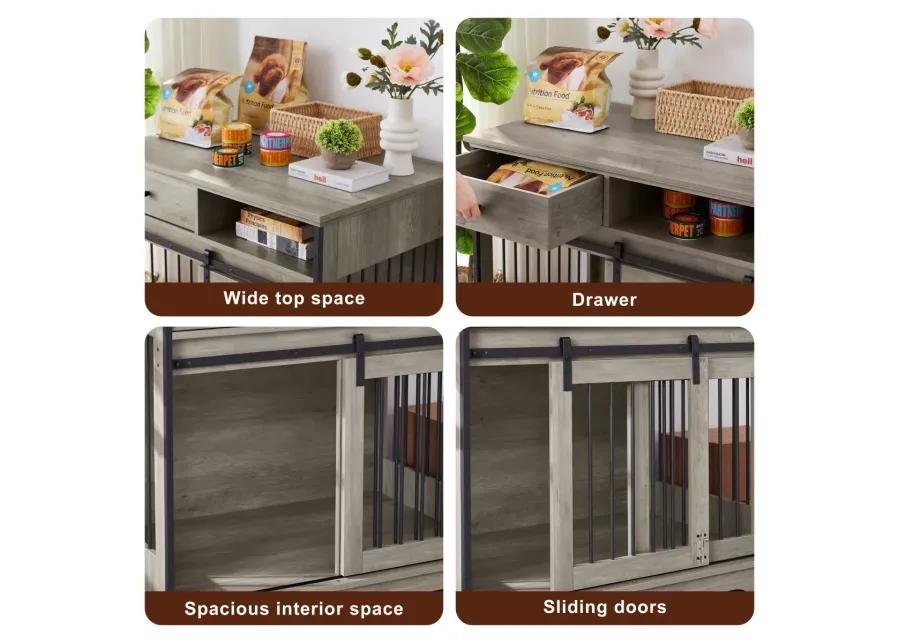 Sliding door dog crate with drawers. Grey,35.43" W x 23.62" D x 33.46" H