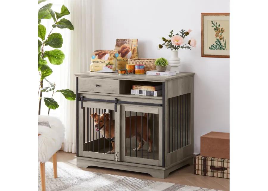 Sliding door dog crate with drawers. Grey,35.43" W x 23.62" D x 33.46" H