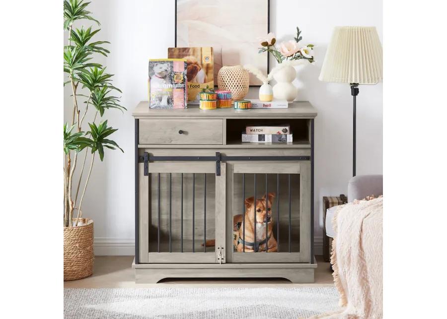 Sliding door dog crate with drawers. Grey,35.43" W x 23.62" D x 33.46" H