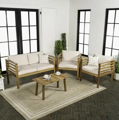 Thom 4-Piece Mid-Century Modern Acacia Wood Outdoor Patio Set with Cushions and Plaid Decorative Pillows