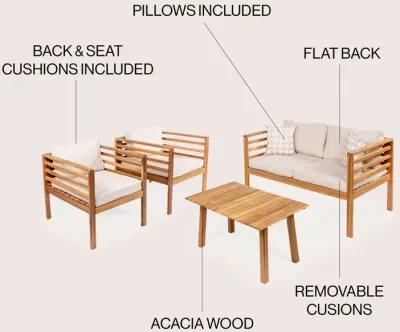 Thom 4-Piece Mid-Century Modern Acacia Wood Outdoor Patio Set with Cushions and Plaid Decorative Pillows