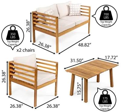 Thom 4-Piece Mid-Century Modern Acacia Wood Outdoor Patio Set with Cushions and Plaid Decorative Pillows