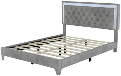 Queen Size Upholstered Bed Frame With LED Lights, Modern Velvet Platform Bed With Tufted Headboard