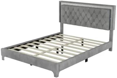 Queen Size Upholstered Bed Frame With LED Lights, Modern Velvet Platform Bed With Tufted Headboard