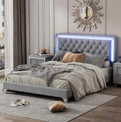 Queen Size Upholstered Bed Frame With LED Lights, Modern Velvet Platform Bed With Tufted Headboard