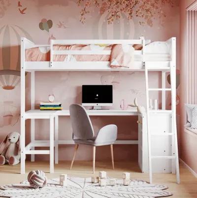 Twin Size Loft Bed With Shelves And Desk, Wooden Loft Bed With Desk