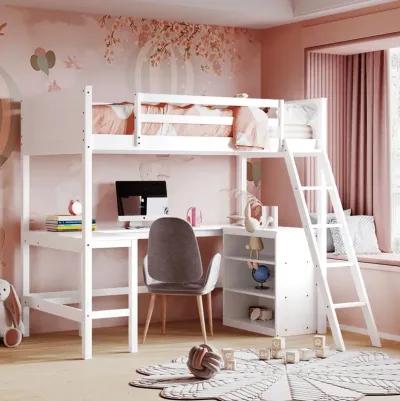 Twin Size Loft Bed With Shelves And Desk, Wooden Loft Bed With Desk