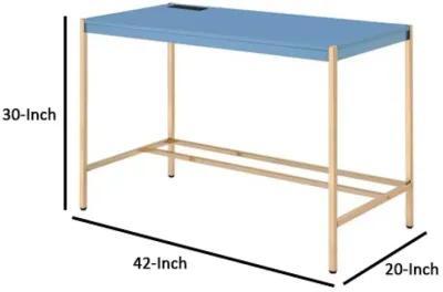 Writing Desk with USB Dock and Metal Legs, Blue and Rose Gold-Benzara