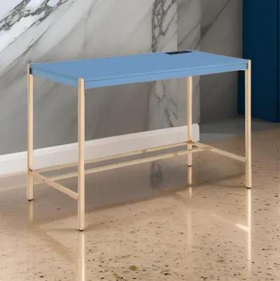 Writing Desk with USB Dock and Metal Legs, Blue and Rose Gold-Benzara