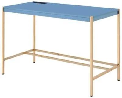 Writing Desk with USB Dock and Metal Legs, Blue and Rose Gold-Benzara