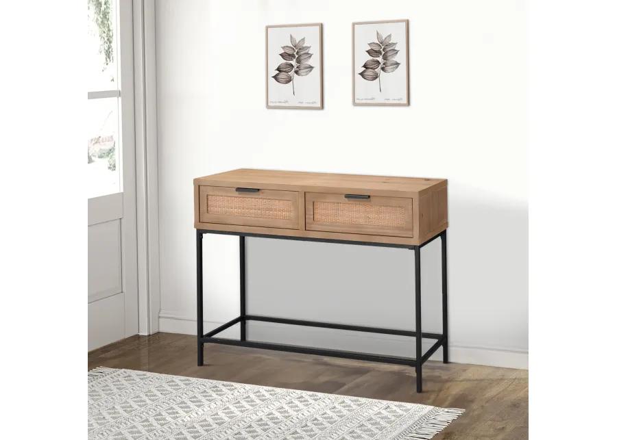 Console Table with Woven Rattan Front Drawers, Brown-Benzara