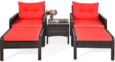 5 Pieces Patio Rattan Sofa Ottoman Furniture Set with Cushions