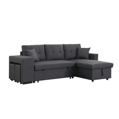 Dennis Linen Fabric Reversible Sleeper Sectional With Storage Chaise And 2 Stools