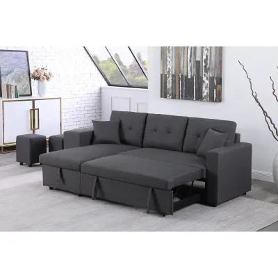 Dennis Linen Fabric Reversible Sleeper Sectional With Storage Chaise And 2 Stools