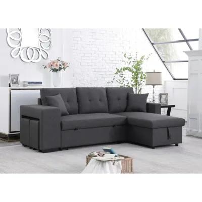 Dennis Linen Fabric Reversible Sleeper Sectional With Storage Chaise And 2 Stools