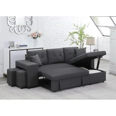 Dennis Linen Fabric Reversible Sleeper Sectional With Storage Chaise And 2 Stools