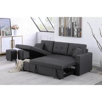 Dennis Linen Fabric Reversible Sleeper Sectional With Storage Chaise And 2 Stools