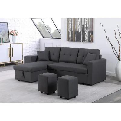 Dennis Linen Fabric Reversible Sleeper Sectional With Storage Chaise And 2 Stools