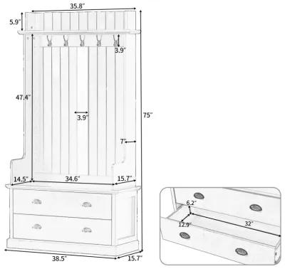 Vintage Hallway Coat Rack with Drawers & Hooks