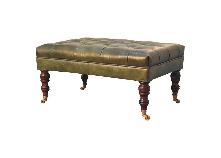 Artisan Furniture  Solid Wood Buffalo Green Leather Ottoman with Castor Legs