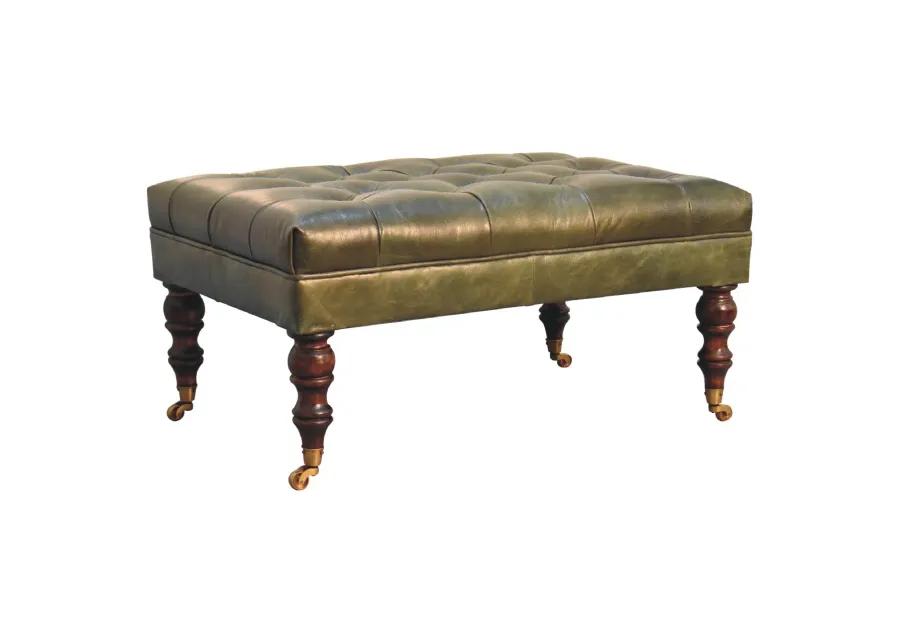 Artisan Furniture  Solid Wood Buffalo Green Leather Ottoman with Castor Legs