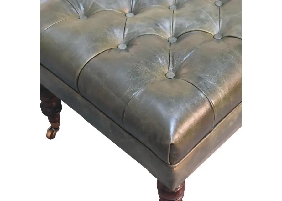 Artisan Furniture  Solid Wood Buffalo Green Leather Ottoman with Castor Legs