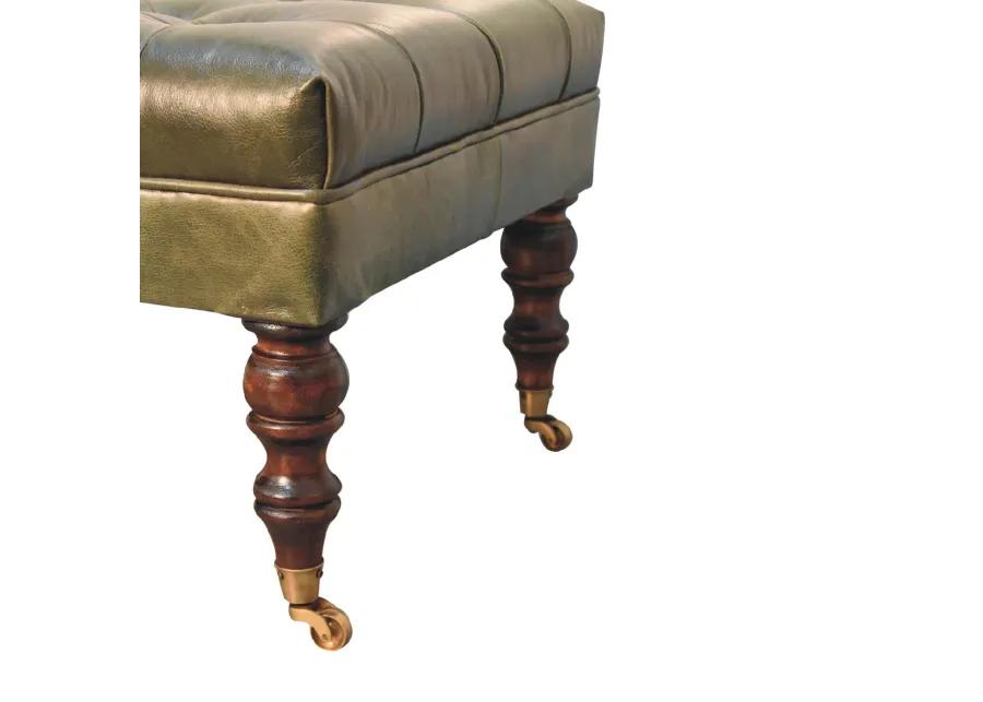 Artisan Furniture  Solid Wood Buffalo Green Leather Ottoman with Castor Legs