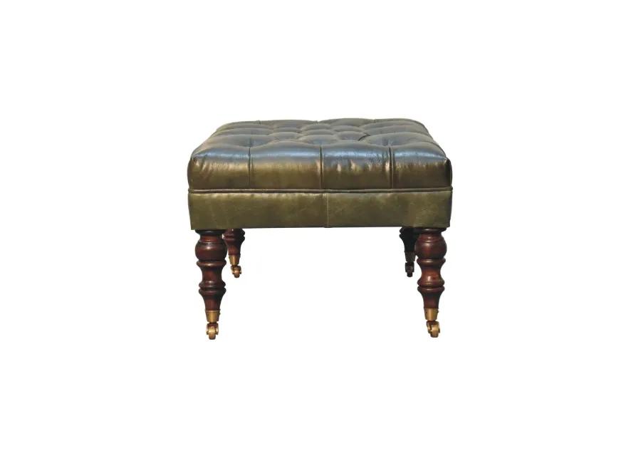 Artisan Furniture  Solid Wood Buffalo Green Leather Ottoman with Castor Legs