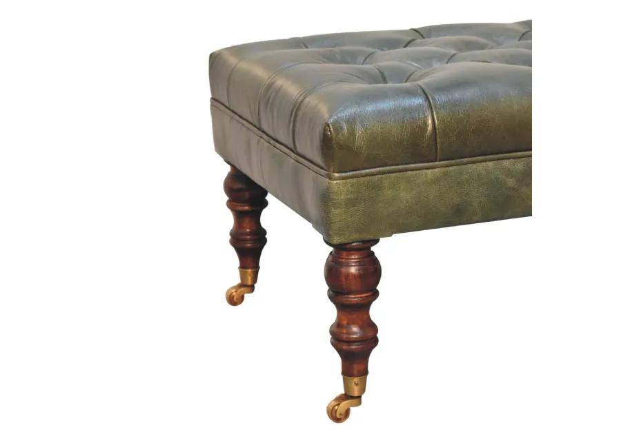 Artisan Furniture  Solid Wood Buffalo Green Leather Ottoman with Castor Legs