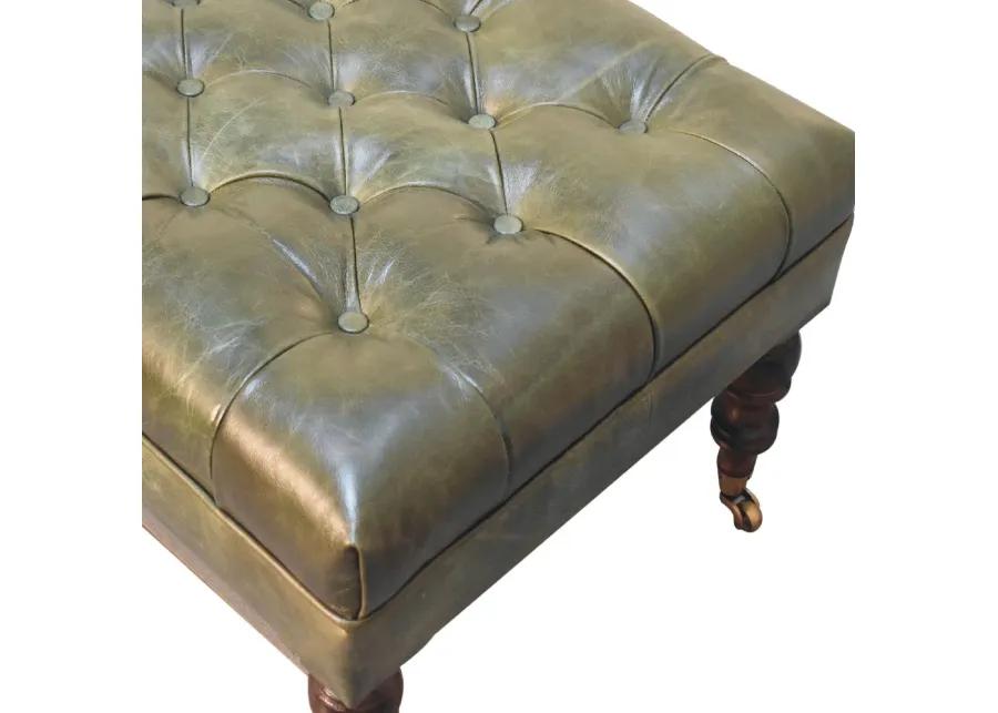 Artisan Furniture  Solid Wood Buffalo Green Leather Ottoman with Castor Legs