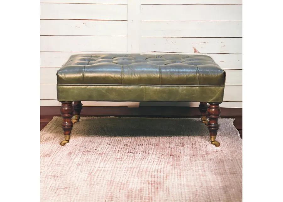 Artisan Furniture  Solid Wood Buffalo Green Leather Ottoman with Castor Legs