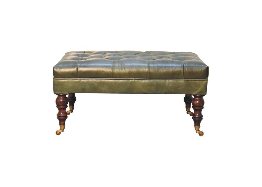 Artisan Furniture  Solid Wood Buffalo Green Leather Ottoman with Castor Legs