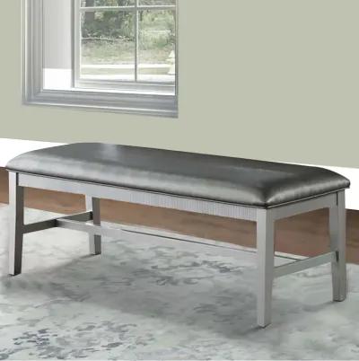 Joy 54 Inch Luxury Dining Bench, Silver, Padded Metallic Gray Faux Leather-Benzara