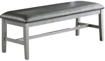 Joy 54 Inch Luxury Dining Bench, Silver, Padded Metallic Gray Faux Leather-Benzara