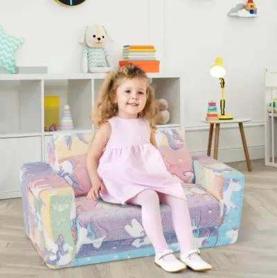 Hivvago 2-in-1 Flip Out Kids Sofa Chair with Detachable Flannel Fabric Cover and Glowing Patterns-Color