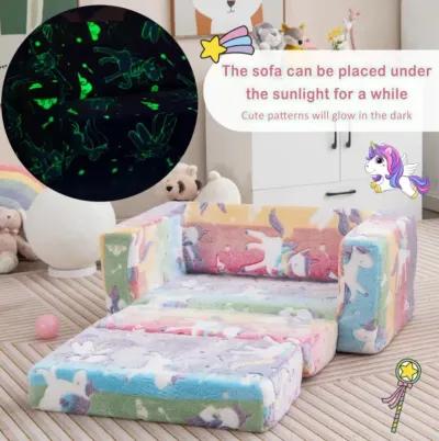 Hivvago 2-in-1 Flip Out Kids Sofa Chair with Detachable Flannel Fabric Cover and Glowing Patterns-Color