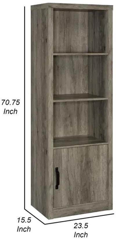 Sac 71 Inch Media Pier Tower with 3 Shelves and Single Cabinet, Gray Wood - Benzara